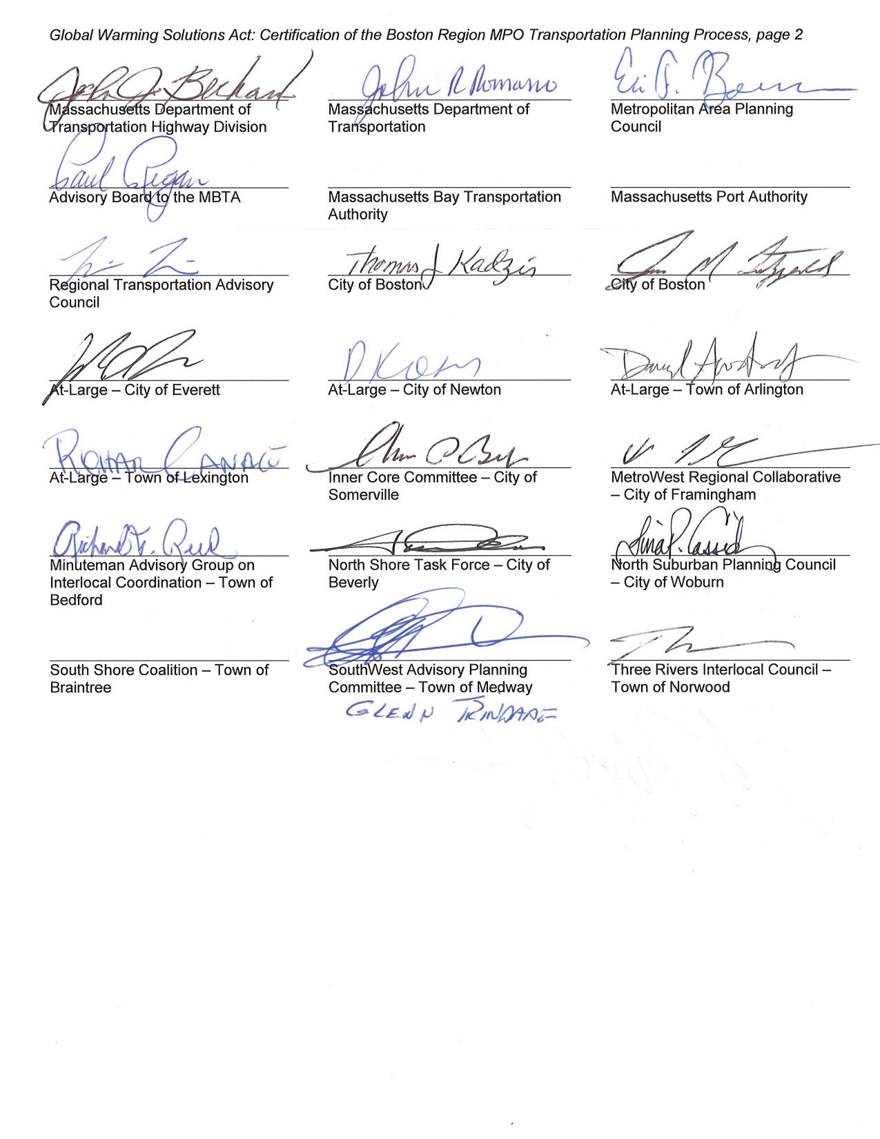 Global Warming Solution Act

These pages list the eleven requirements of State Regulation 310 CMR 60.05: Global Warming Solutions Act to be conducted by Metropolitan Planning Organizations (MPOs), and certifies that the Boston Region MPO complies with these requirements. The certification of State Regulation 310 CMR 60.05: Global Warming Solutions Act is signed by the members of the Boston Region MPO members, with the exception of: Massachusetts Bay Transportation Authority; Massachusetts Port Authority; and South Shore Coalition – Town of Braintree.